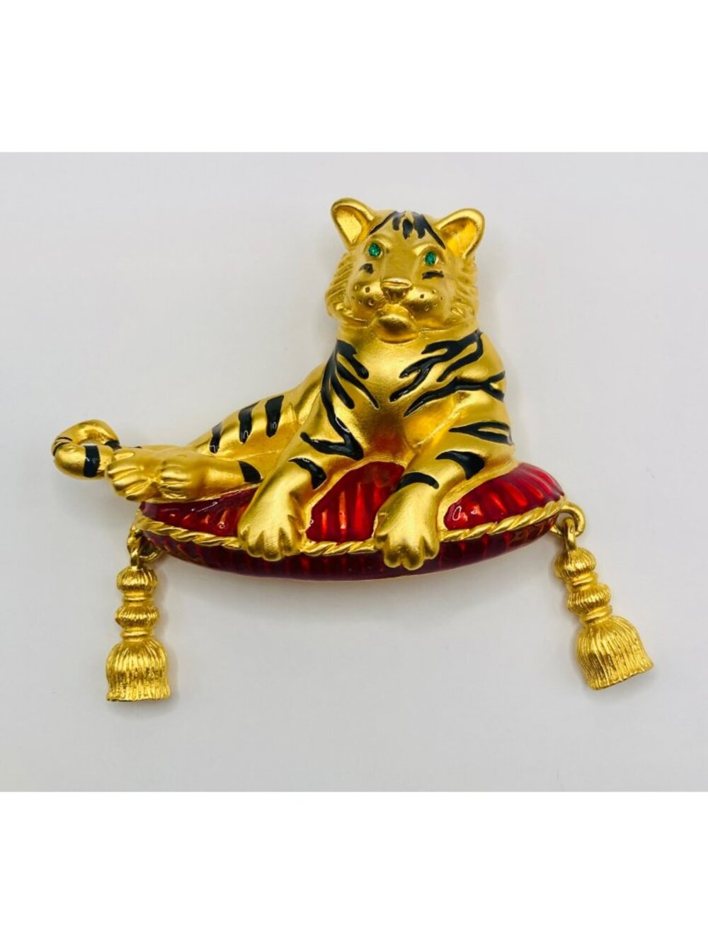 Vintage Tiger Brooch Bob Mackie Enamel Gold-Tone Red Cushion Dangle Tassels -46B